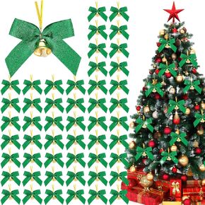 100 Pcs 3.5'' Mini Bows for Craft with Bells Small Christmas Glitter Ribbon Bows for Valentine's Day Gift Wrapping Wedding DIY Crafts Party Hanging Decor(Glitter Green)