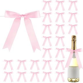 Riceshoot 24 Pcs Satin Ribbon Twist Tie Bows 5 x 7 Inch Large Decorating Ribbon Gift Bows Christmas Bows for Gift Wrapping Champagne Bottle Cake Treat Bag DIY Craft Wedding Birthday Party(Pink)