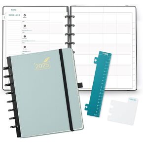 BEZEND Life Planner 2025 Weekly & Monthly Family Organizer with 6 Columns 7" x 9" - Agenda 2025 Family Calendar with Tabs, Pocket & Tear-off Shopping List, Disc Bound Flexible Cover - Evergreen