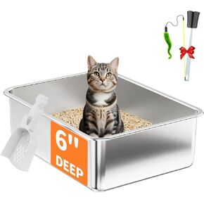 1 PCS Stainless Steel Cat Litter Box - [All-in-1 Starter Set] [Odorless] Large Metal Kitty Cat Litter Box, High Sided Litter Pan Tray for Cat&Rabbit Non-Sticky Anti-Leakage Easy Clean Rust Proof