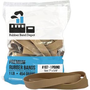 أربطة مطاطية سميكة من RUBBER BAND DEPOT - 7 بوصة × 5/8 بوصة، الحجم #107، حوالي 40 شريطًا مطاطيًا لكل حقيبة، قياسات الشريط المطاطي: 7 بوصة × 5/8 بوصة - حقيبة بوزن 1 رطل