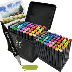 Alcohol Markers 60 Colors Double Tips Chisel & Fine Art Marker Set with Case & Holders for Adults Coloring, Painting, Illustrations, and Sketching