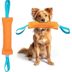YES4QUALITY Dog Bite Tug Toy (11.8"x3.5"), Durable Green Pull Toy w/ 2 Soft & Strong Blue Handles, Tough Nylon Bite Pillow for Small to Medium Dogs, Ideal for Tug of War, Fetch, K9, Puppy Training