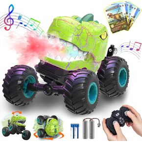 ألعاب Monster Truck للأولاد الذين تتراوح أعمارهم بين 4-7 سنوات، سيارات الديناصورات للتحكم عن بعد مع بطاقة فلاش دينو، ألعاب الديناصورات تي ريكس 2 بطارية، رذاذ، ضوء، موسيقى، سيارة تحكم عن بعد للأطفال 4 5 6 7 8 سنوات هدية للأولاد