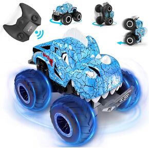 Remote Control Car, 2.4Ghz All Terrain Dinosaur Monster Truck Toys, RC Truck with Spay, Music, 3 Lighting Effects, Stunt Capable, Toy Gifts for Boys and Girls (Blue)