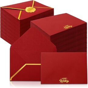 Whaline 50Pcs Christmas Envelopes with Foil Border Red Happy Holiday Invitation Envelopes Xmas Winter Greeting Card Holder with Gold Foil Stickers for Party Supplies