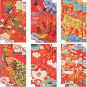 Red Envelopes Chinese New Year, 30 Pack 6 Styles Lucky Red Money Envelopes for Cash - 6.6 x 3.5inches, Peacock Dragon Goldfish Design Hong Bao Chinese Red Pocket for Lunar New Year, Spring Festival
