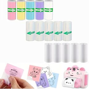 15 Rolls Mini Printer Paper, Including 5 Thermal Sticker Paper Rolls, 5 Colored, and 5 White Plain Paper Rolls for Mini Thermal Printer, 57x25 mm, Compatible with Most Mini Receipt Printers