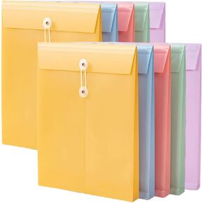 Plastic Letter Size Envelopes with Button & String Tie Closure, Assorted Colors Plastic Envelopes Poly Envelope Expandable File Document Folder for School Office and Home,10 Pack