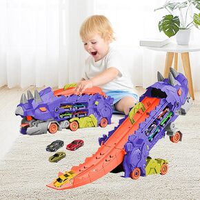 Dinosaur Transport Truck with 6 Metal Cars, City Dinosaur Ultimate Hauler Track Toy, Transforms into Stomping Standing Dinosaur Toddler Toys Gifts for Kids Ages3 4 5 6 Years Old Kids Boys&Girls