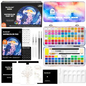 Shuttle Art Watercolor Paint Set, 128 Vibrant Colors with Metallic Shades, Travel Watercolor Set with Watercolor Brushes, Palette, Watercolor Sketchbook and Coloring Sheets for Adults, Kids, Artists