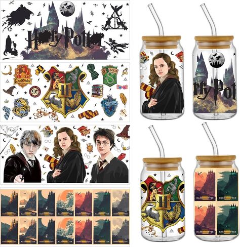 4 Sheets Magic UV DTF Cup Wrap for Glass 16OZ | Cute Wrap Transfer Stickers for Cup Tumbler | Waterproof Decal for Water Bottles | Gifts for Kids Teens Adults in Saudi Arabia