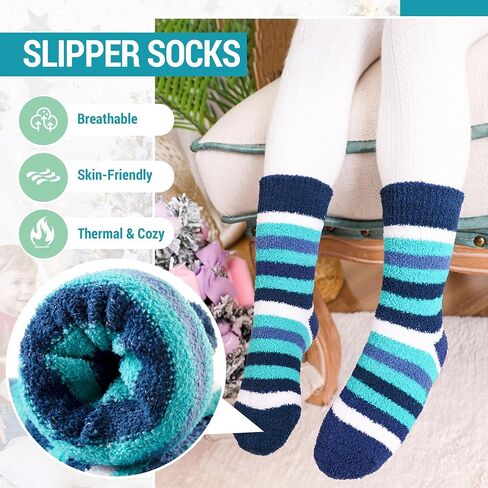 Kids Fuzzy Slipper Socks with Grips Children Boys Girls Toddlers Non Slip Warm Winter Cozy Fluffy Thermal Cute Socks 6 Pairs in Saudi Arabia