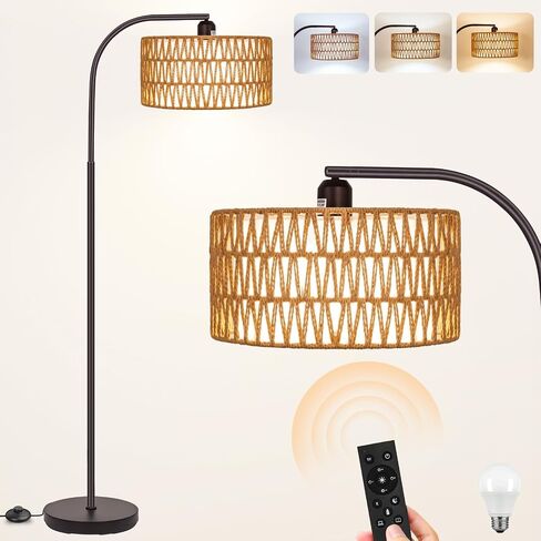 Rattan Floor Lamps for Living Room, Boho Standing Lamps with Rattan& Linen Double Shades, Arc Lamps Floor Standing with 9W Bulb, Foot Switch, Bohemian Floor Lamps for Bedroom, Office in Kuwait