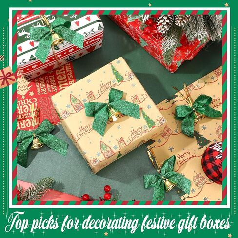 100 Pcs 3.5'' Mini Bows for Craft with Bells Small Christmas Glitter Ribbon Bows for Valentine's Day Gift Wrapping Wedding DIY Crafts Party Hanging Decor(Glitter Green) in Saudi Arabia