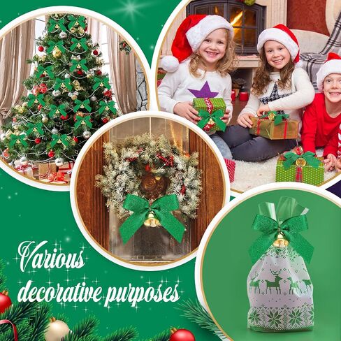 100 Pcs 3.5'' Mini Bows for Craft with Bells Small Christmas Glitter Ribbon Bows for Valentine's Day Gift Wrapping Wedding DIY Crafts Party Hanging Decor(Glitter Green) in Saudi Arabia