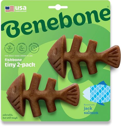 Benebone Tiny 2-Pack Fishbone Durable Dog Chew Toys, Real Fish Flavor, Made in USA in Saudi Arabia