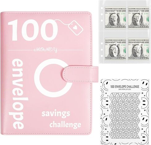 100 مغلف تحدي توفير المال، كتاب مجلد الميزانية من جلد البولي يوريثان مقاس A5 مع مظاريف نقدية، طريقة ممتعة لتوفير 5,050 دولارًا، هدايا للأصدقاء والعائلة in Kuwait