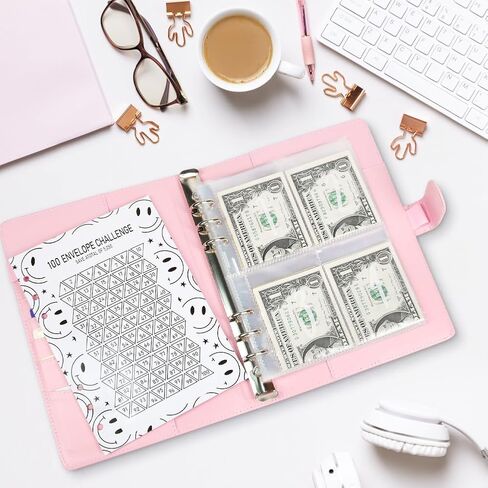 100 مغلف تحدي توفير المال، كتاب مجلد الميزانية من جلد البولي يوريثان مقاس A5 مع مظاريف نقدية، طريقة ممتعة لتوفير 5,050 دولارًا، هدايا للأصدقاء والعائلة in Kuwait