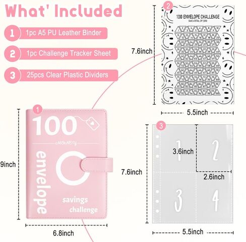 100 مغلف تحدي توفير المال، كتاب مجلد الميزانية من جلد البولي يوريثان مقاس A5 مع مظاريف نقدية، طريقة ممتعة لتوفير 5,050 دولارًا، هدايا للأصدقاء والعائلة in Kuwait