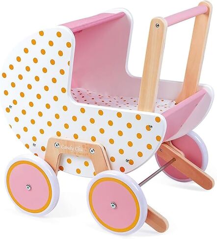 Janod - Candy Chic Wooden Pram - with Pillow and Blanket - Silent Rubber Wheels - Removable Anti-Tip System - Accessories for Dolls -from 18 Months, J05886 in Saudi Arabia