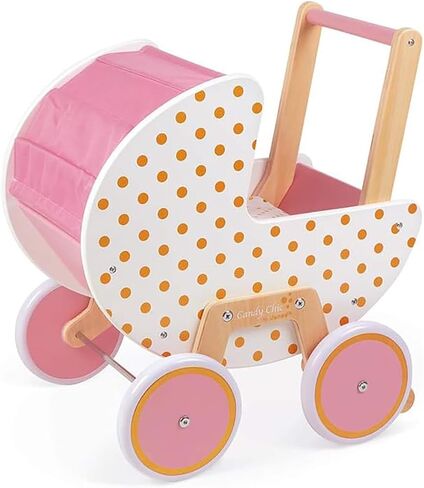 Janod - Candy Chic Wooden Pram - with Pillow and Blanket - Silent Rubber Wheels - Removable Anti-Tip System - Accessories for Dolls -from 18 Months, J05886 in Saudi Arabia