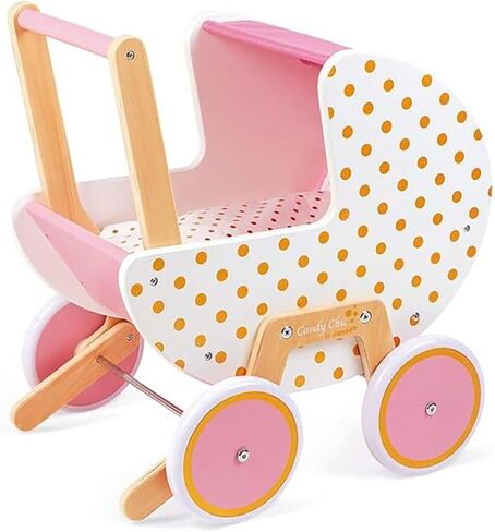 Janod - Candy Chic Wooden Pram - with Pillow and Blanket - Silent Rubber Wheels - Removable Anti-Tip System - Accessories for Dolls -from 18 Months, J05886 in Saudi Arabia