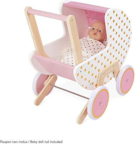Janod - Candy Chic Wooden Pram - with Pillow and Blanket - Silent Rubber Wheels - Removable Anti-Tip System - Accessories for Dolls -from 18 Months, J05886 in Saudi Arabia