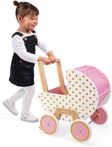 Janod - Candy Chic Wooden Pram - with Pillow and Blanket - Silent Rubber Wheels - Removable Anti-Tip System - Accessories for Dolls -from 18 Months, J05886 in Saudi Arabia