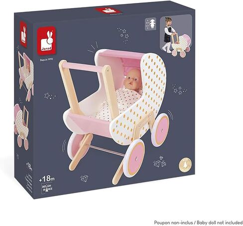 Janod - Candy Chic Wooden Pram - with Pillow and Blanket - Silent Rubber Wheels - Removable Anti-Tip System - Accessories for Dolls -from 18 Months, J05886 in Saudi Arabia