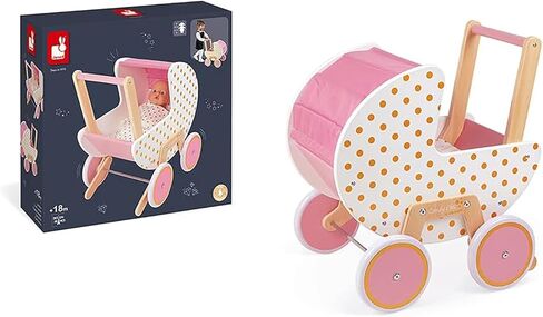 Janod - Candy Chic Wooden Pram - with Pillow and Blanket - Silent Rubber Wheels - Removable Anti-Tip System - Accessories for Dolls -from 18 Months, J05886 in Saudi Arabia