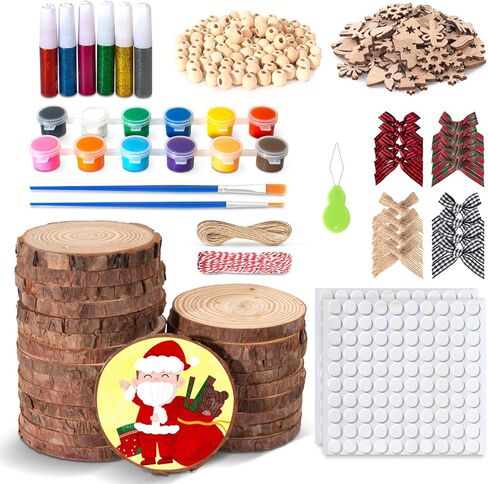 شرائح الخشب الطبيعي لعيد الميلاد، 24 قطعة 3.5-4.3 بوصة مجموعة زخارف شرائح الخشب الطبيعي غير المكتملة مع أقواس عيد الميلاد، خرز خشبي، خيوط الجوت، مشغولات يدوية خشبية لعيد الميلاد للأطفال البالغين in Kuwait