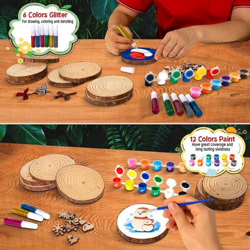 شرائح الخشب الطبيعي لعيد الميلاد، 24 قطعة 3.5-4.3 بوصة مجموعة زخارف شرائح الخشب الطبيعي غير المكتملة مع أقواس عيد الميلاد، خرز خشبي، خيوط الجوت، مشغولات يدوية خشبية لعيد الميلاد للأطفال البالغين in Kuwait