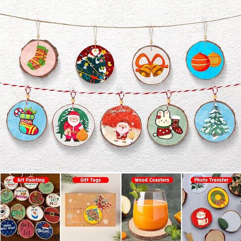 شرائح الخشب الطبيعي لعيد الميلاد، 24 قطعة 3.5-4.3 بوصة مجموعة زخارف شرائح الخشب الطبيعي غير المكتملة مع أقواس عيد الميلاد، خرز خشبي، خيوط الجوت، مشغولات يدوية خشبية لعيد الميلاد للأطفال البالغين in Kuwait