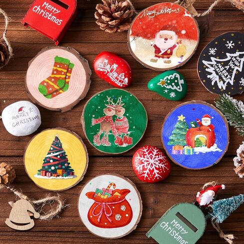 شرائح الخشب الطبيعي لعيد الميلاد، 24 قطعة 3.5-4.3 بوصة مجموعة زخارف شرائح الخشب الطبيعي غير المكتملة مع أقواس عيد الميلاد، خرز خشبي، خيوط الجوت، مشغولات يدوية خشبية لعيد الميلاد للأطفال البالغين in Kuwait