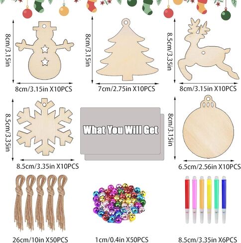50 قطعة من أدوات الرسم الخشبية لعيد الميلاد، زخارف خشبية لعيد الميلاد للطلاء، زخارف خشبية فارغة غير مكتملة لعيد الميلاد، شرائح خشبية معلقة لشجرة عيد الميلاد لتزيين الحرف الفنية بنفسك in Kuwait
