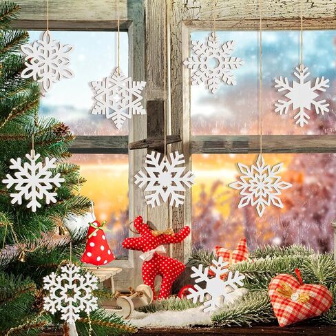 زخارف ندفة الثلج الخشبية المعلقة زينة عيد الميلاد 36 قطعة، رقاقات الثلج المجوفة الخشبية زينة الشتاء من السقف 9 أنماط من القواطع DIY زينة زينة السنة الجديدة طلاء غير مكتمل in Kuwait