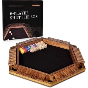 6-Player Shut The Box Dice Gmae wiht 24 Dice, Upgrade Wooden Math Tabletop Board Game for Kids and Adults (Brown)