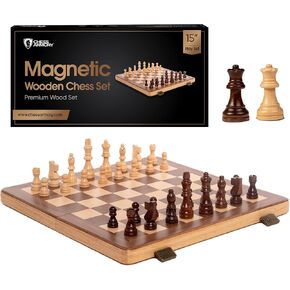 Chess Armory Chess Set 15 Inch Magnetic Wooden Chess Board Game for Adults and Kids with Extra Queen Pieces & Storage Box