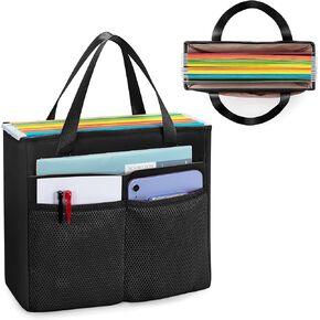Desk File Organizer Tote Bag for Legal Size File Folder, Hanging File Storage Box with Pockets and Handle, Black (Patent Design), Large