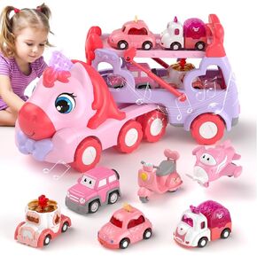 7 in 1 Carrier Truck Cars for Toddlers Girl Toys, Unicorn Gifts for Girl Toys for 1 2 3 Year Old Girl, Toddler Princess Girl Toys Age 1-3 2-4, Girl Car Toys with Light & Music, Toy Car for Girls