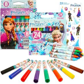 Disney Frozen Coloring Set for Girls - Bundle with 8 Jumbo Frozen Markers and 24 Frozen Crayons for Coloring, Crafts, Drawing, and More | Frozen School Supplies for Kids