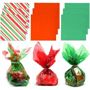 300 Count Cellophane Sheets Christmas Plastic Wrap Colored Translucent Holiday Cello Sheet Green Red & Candy Cane Stripe Design for Xmas DIY Craft Present Saran Wrapping Paper Treats Baskets 12" x 12"