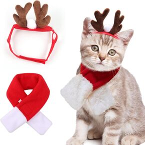 Cat Christmas Costume Cat Reindeer Antlers Headband with Scarf Puppy Reindeer Hat Santa Scarf Pet Xmas Scarf for Cat Small Dog Christmas Outfit Medium