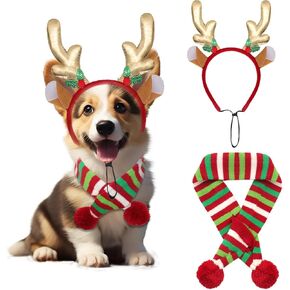 2Pcs Dog Christmas Outfit Dog Reindeer Costume Elk Antlers Headband and Red-White-Green Striped Scarf Set Pet Costumes Accessories for Dogs and Cats