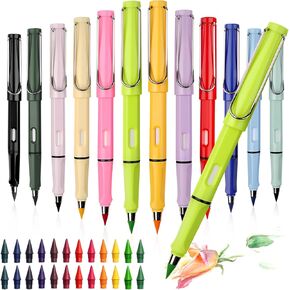 12 Pcs Colored Eternal Pencils with 24 Replacement Nibs, Forever Pencil, Infinity Pencil with Eraser for Writing Drawing and Home Office School Supplies