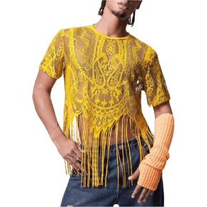 WDIRARA Men's Floral Lace Mesh Fringe Hem Shirts Scoop Neck Short Sleeve Asymmetrical Design Shirt See Through Party Outfits