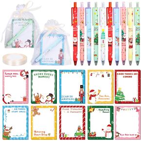 61Pcs Christmas Party Favors Stationery Gift Set Cute Cartoon Xmas Sticky Notes with Pens Ribbon Organza Bags for Home Office Classroom Winter Party Supplies
