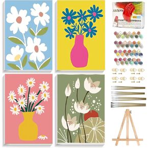 Julouyn 4 Pack Paint by Numbers Kit for Adults with Framed, Landscape Easy Flowers Paint by Number Kits On Canvas with Wooden Easel, Painting by Numbers for Beginner Gift Home Decor 8x12 in