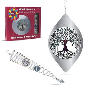ISEO Tree of Life Wind Spinner Outdoor and Gazing Ball Set, Metal Yard and Garden Decoration, Weather-Resistant Wind Spinners for Outdoor, 6.5" Cool Garden Décor, Perfect Wind Spinner Gift